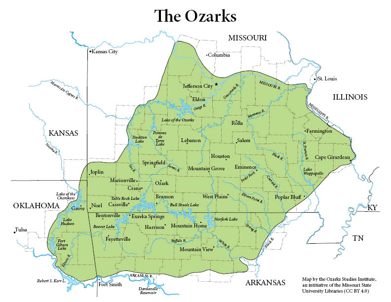 The outline of the Ozarks region from the Missouri River to the north, Mississippi to the east, Fort Smith to the south, and to the west; a little bit of northeast Oklahoma, tiny bit of southeast Kansas then angling towards Stockton Lake in Missouri